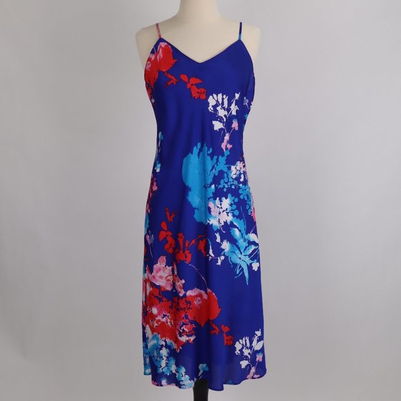 ❄ Natori Blue Red Tropical Floral Nightgown Chemise Slip Dress Negligee Asian M - Picture 1 of 9